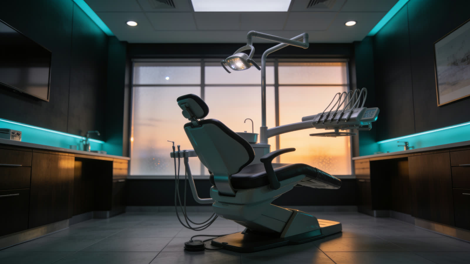 Sala di uno studio dentistico moderno al tramonto, poltrona al centro, luce ciano lungo le pareti scure