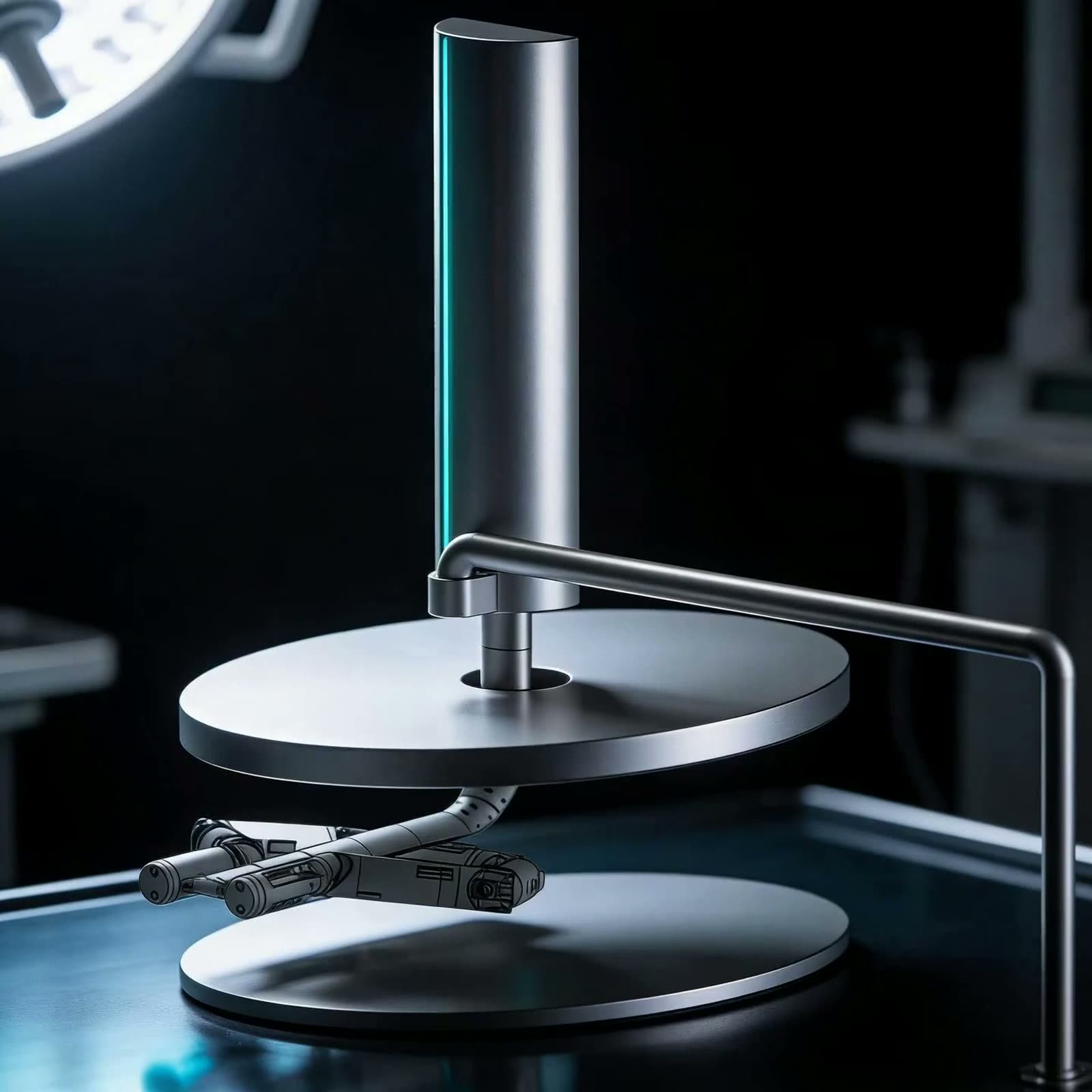 Render scuro del robot chirurgico ValueBiotech su un piedistallo, luce ciano di taglio